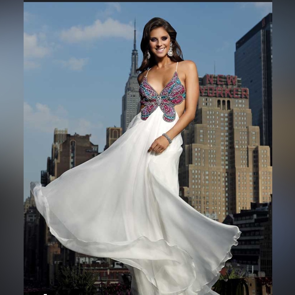 Terani Couture White Chiffon Gown with Multicolor Beaded Bodice